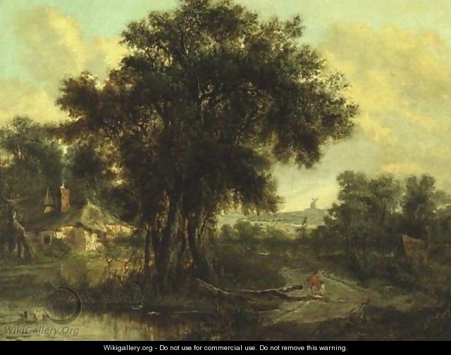 Landscape With Pond And Villagers - English School