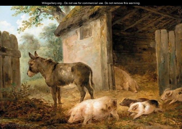 Pigs And A Donkey In A Farmyard - James Ward
