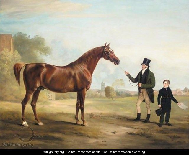 Mr Powell And Son With His Stallion, Norton, A Distant View Of Melton Mowbray Beyond - John Ferneley, Snr.