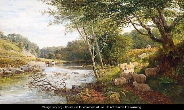 A Shepherd And Sheep On A Bank By A River, Cattle Watering Beyond - George Shalders