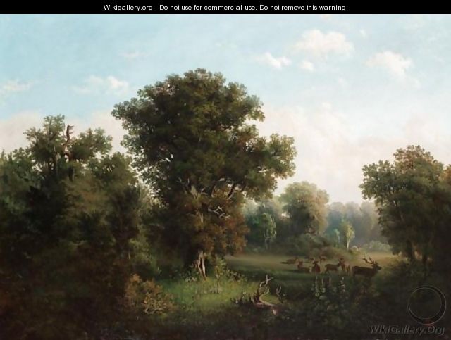 Deer In A Wooded Landscape - (after) Frederik Kiaerskou