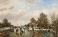 A Winter Landscape With Skaters On A Frozen Waterway - Willem Vester