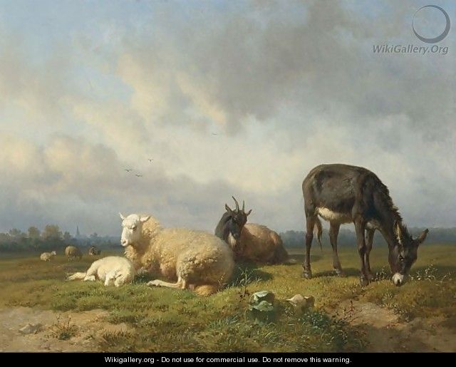 Cattle In A Meadow, A Village In The Distance - Louis Marie Dominique Romain Robbe