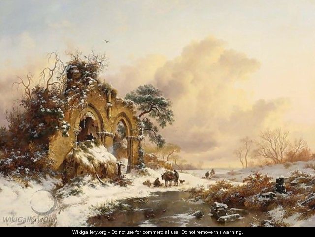 A Snowy Landscape With Figures By A Gothic Ruin - Frederik Marianus Kruseman