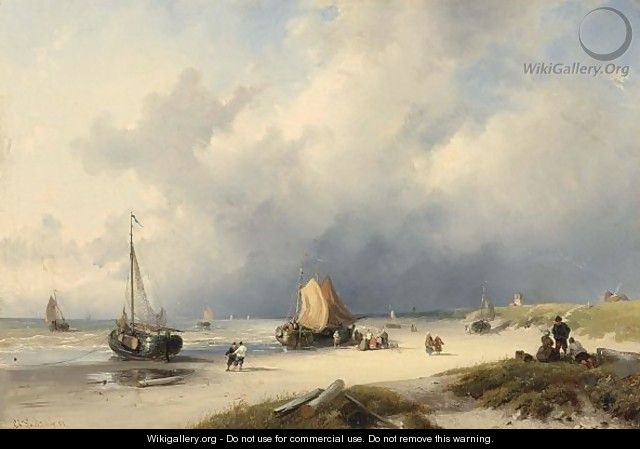Bomschuiten And Fisherfolk On The Beach - Charles Henri Leickert