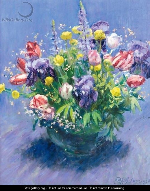 Tulips Marsh Marigolds, Irises And Lupins In A Vase - Patrick William Adam