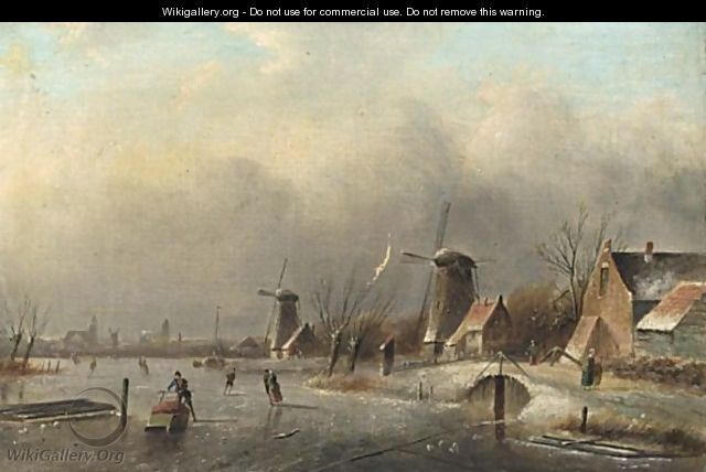 Winter Landscape With Several Skaters On A Frozen Waterway - Jan Jacob Coenraad Spohler