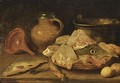 Still Life With A Carp, Herring, Other Fish On A Plate, Lemons, A Stoneware Jug, All On A Wooden Ledge - Flemish School