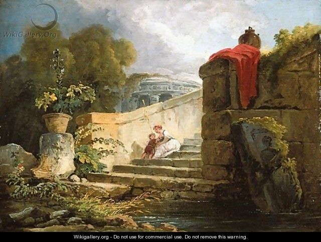 A Scene In The Grounds Of The Villa Farnese, Rome, With A Mother And Child Seated Upon An Antique Stair, A Classical Rotunda Beyond - Hubert Robert