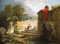 A Scene In The Grounds Of The Villa Farnese, Rome, With A Mother And Child Seated Upon An Antique Stair, A Classical Rotunda Beyond - Hubert Robert