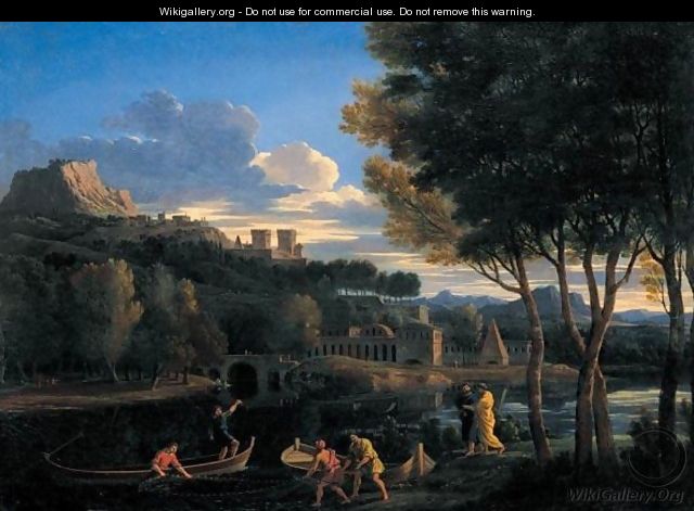 A Classical Landscape With Figures Beside A River And A Fortified Town Beyond - Etienne Allegrain