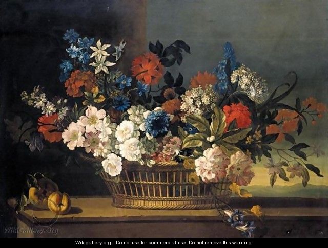 Still Life Of Flowers In A Basket Upon A Ledge - Pieter Casteels III