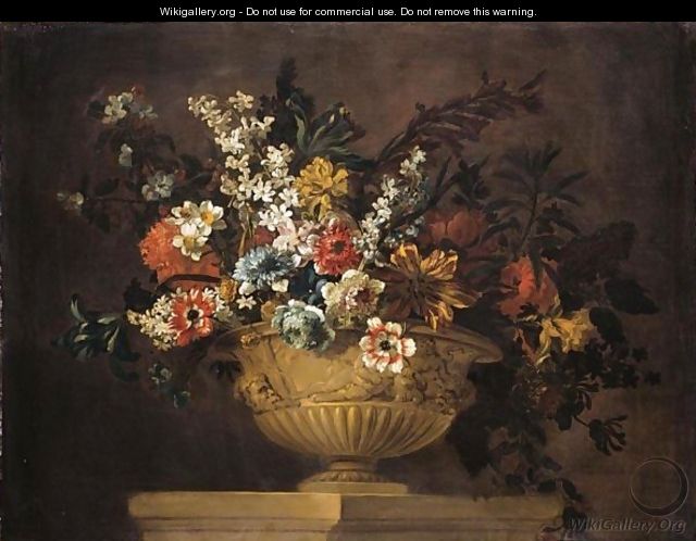 Still Life Of Various Flowers In An Urn Resting On A Ledge - (after) Jean-Baptiste Monnoyer