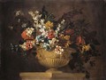 Still Life Of Various Flowers In An Urn Resting On A Ledge - (after) Jean-Baptiste Monnoyer