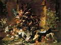 Still Life With Potted Plants And Roses, A Dog, A Basket Of Apples, Fennel, And A Semi-Plucked Rooster, A Bread Roll On A Plate And A Wine-Glass - Niccolino Van Houbraken