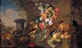 Still Life With An African Grey Parrot, A Chaffinch And Another Bird, Together With Flowers In A Bronze Urn And Grapes, Apples, A Melon And Other Fruit Together In A Landscape - (after) Franz Werner Von Tamm