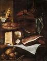 A Kitchen Still Life With A Wine Casket, Parma Ham, Salami, Cheeses, Sweetmeats On A Plate, And A Bunch Of Flowers, All Arranged On A Wooden Table And Ledge - Italian Unknown Master