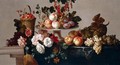 A Still Life Of Peaches, Plums, Currants And Hazelnuts On A Silver Platter, Strawberries In A Basket, Together With Grapes, Apples, A Melon, Peonies And Zinneas On A Stone Table Draped With A Cloth - (after) Jean-Baptiste Monnoyer