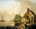 A River Landscape With Moored Sailing Boats And A Village Behind, A Still Life Of Cabbages, Carrots, Hares And A Black Hen In The Foreground - Jan van Os