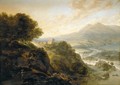 An Extensive Mountainous River Landscape With Peasants Resting By A Path, A Small Fortified Town In A Valley Beyond - Jan the Elder Griffier