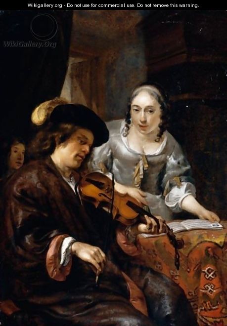An Interior With A Man Playing The Violin And A Woman Singing - Hendrick Verschuring