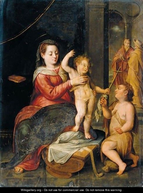 The Virgin And Child In A Classical Setting, St. John The Baptist Kneeling Nearby - Bernaert De Rijcke