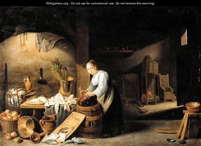 A Kitchen Interior With A Servant Woman Washing A Pot, Some Fish And Fowl On The Table Nearby - (after) David The Younger Teniers