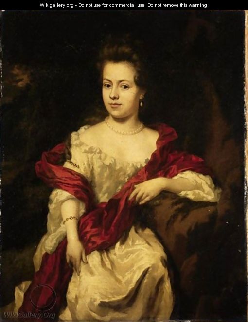 Portrait Of A Lady, Three-Quarter Length, Wearing A White Silk Dress With A Red Wrap - Nicolaes Maes