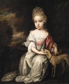 Johannes Van Haansbergen, Portrait Of A Young Girl, Full Length, Wearing White, With A Dog - Johannes Van Haansbergen