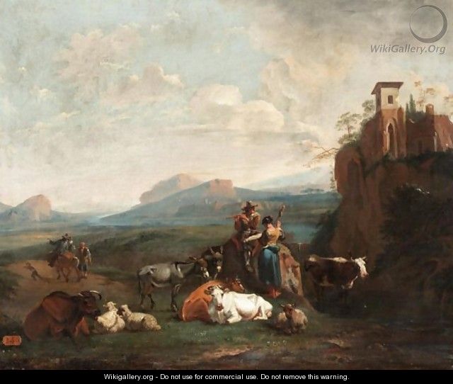 Extensive Italianate Landscape With Drovers And Their Animals Beside A Stream - (after) Nicolaes Berchem