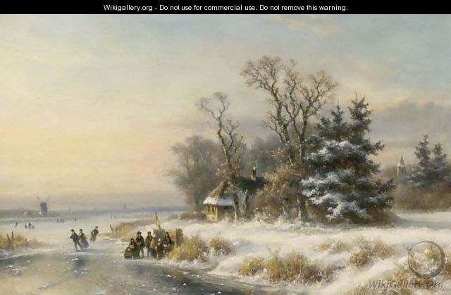 A Winter Landscape With Skaters Near A A