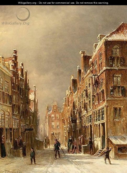 Figures In A Snow Covered Dutch Town - Pieter Gerard Vertin