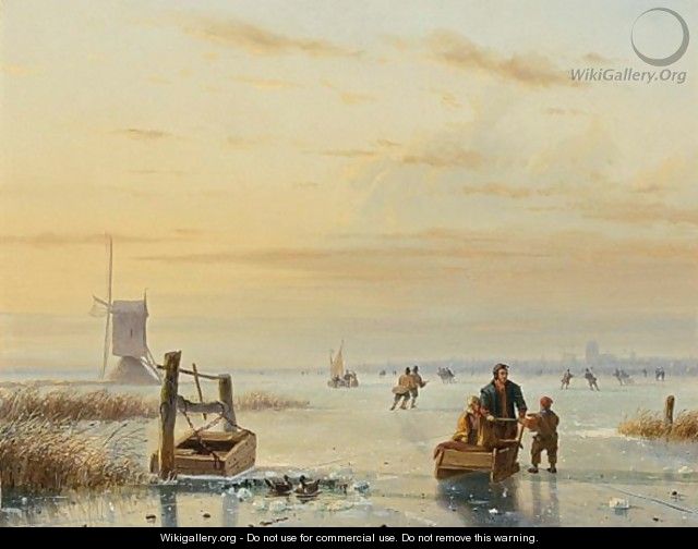 Skaters On A Frozen Waterway, Windmills In The Distance - Nicolaas Johannes Roosenboom