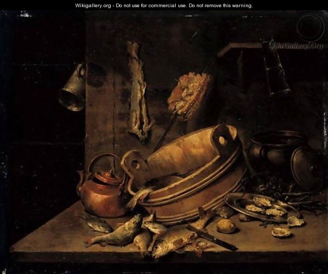 Still Life Of A Wooden Tub, A Copper Kettle, A Plate Of Oysters Together With Various Fish, All Upon A Wooden Table - French School