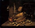 Still Life Of A Wooden Tub, A Copper Kettle, A Plate Of Oysters Together With Various Fish, All Upon A Wooden Table - French School