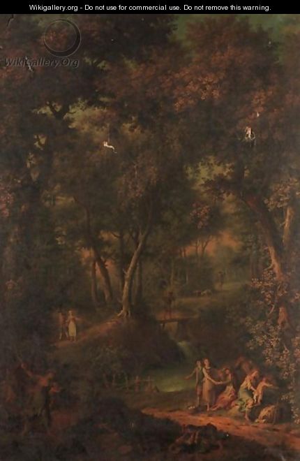 Wooded Landscape With Figures Resting Beside A River, And Children Fighting In The Foreground - (after) Hendrick Willem Schweickardt