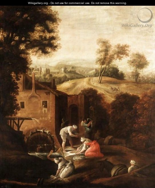 Landscape With Figures Doing Their Laundry Before A Watermill - North-Italian School