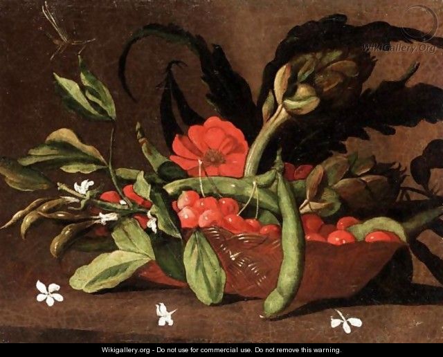 Still Life Of Cherries, Beans And Artichokes In A Basket - Spanish School