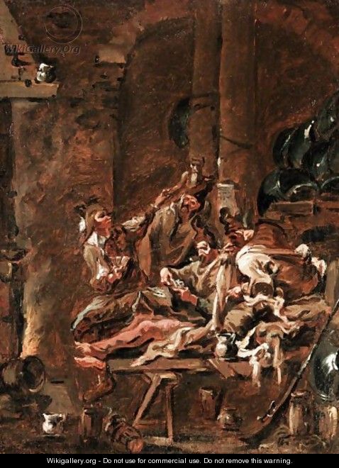Interior With Figures Playing Cards Before A Fire Place - (after) Alessandro Magnasco