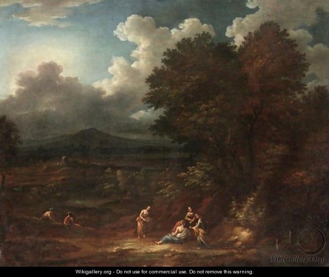 Extensive Classical Landscape With Six Figures In The Foreground, A Hilltop Town Beyond - (after) Jan Baptist Huysmans