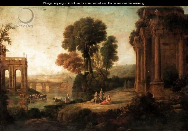 Classical Landscape With Arcadian Figures Before Ruins Beside The River - (after) Claude Lorrain (Claude Gellee)