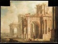 An Architectural Capriccio With Figures Amongst Ruins - (after) Gennaro Greco, Il Mascacotta