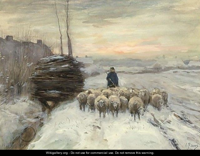 A Shepherd With His Flock In A Winter Landscape - Anton Mauve