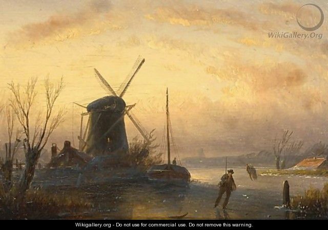 A Winter Landscape With Skaters Near A Windmill - Jan Jacob Coenraad Spohler