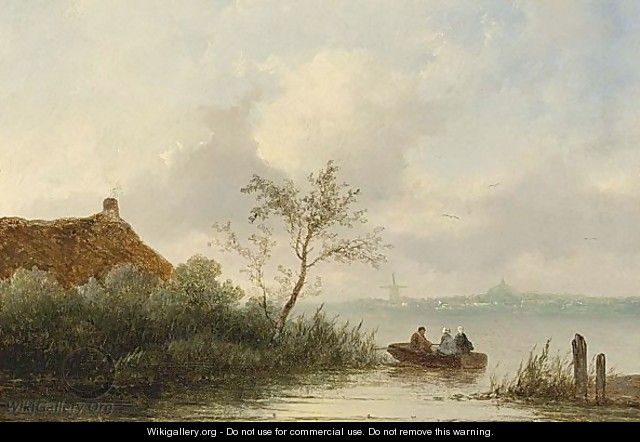 Figures On A Lake In A Rowing Boat, A Town In The Distance - Johannes Franciscus Hoppenbrouwers