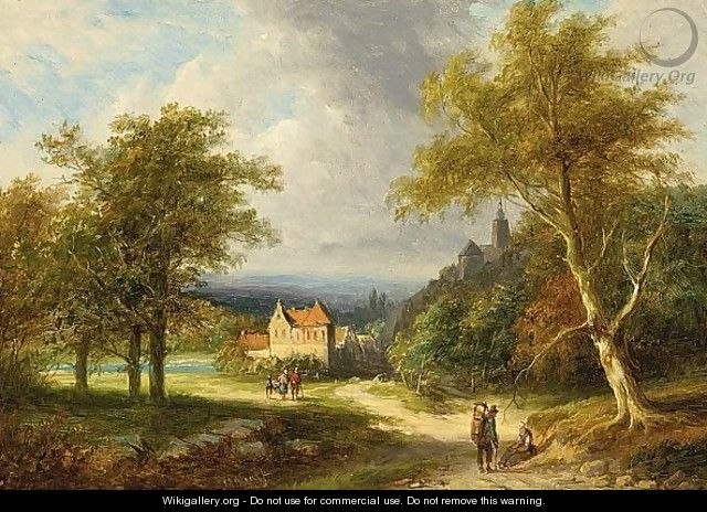 Travellers In A Summer Landscape, A Village In The Distance - Jan Evert Morel