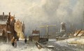 Villagers In A Snow Covered Dutch Town, A Windmill In The Distance - Charles Henri Leickert