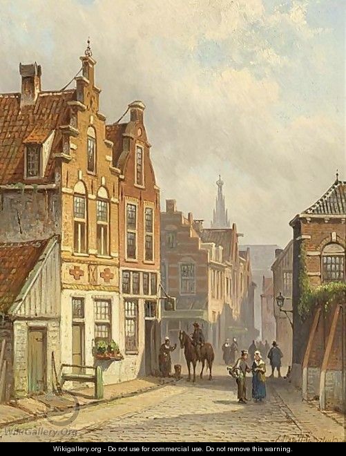 Villagers In The Sunlit Streets Of A Dutch Town - Eduard Alexander Hilverdink