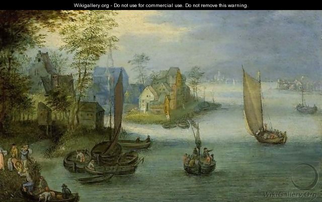 A River Landscape With Sailing Boats And Other Vessels, Figures Coming To Shore In The Left Foreground, A Village Beyond - Jan, the Younger Brueghel