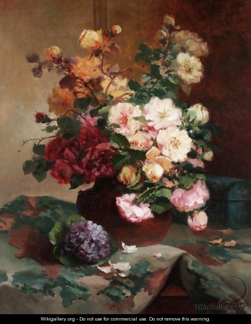Vase De Roses Et Bouquet De Violettes - Eugene Henri Cauchois
